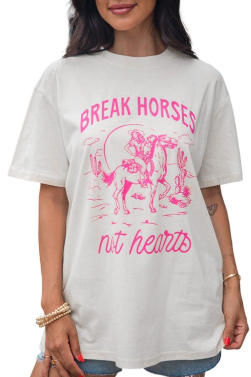 Women's White Western BREAK HORSES Cowboy Graphic Crewneck T-Shirt