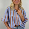 Women's Sky Blue Stripe Crinkled Ruffled Sleeve Button Up Loose Shirt - Image 8