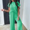 Bright Green Solid Corded Knit Short Sleeve T-Shirt and Wide Leg Pants Set for Women - Image 2