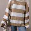 Women's Light French Beige Colorblock Striped Drop Shoulder Sweater with Side Slit - Image 7