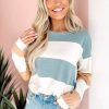 Women's Light Blue Colorblock Striped Drop Shoulder Long Sleeve Top - Image 5