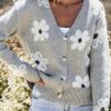 Women's Light Grey Floral Print V Neck Knitted Button Up Cardigan - Image 8