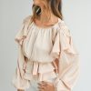 Women's Oatmeal Lace-up Keyhole Back Ruffled Peplum Blouse – Elegant Long Sleeve Top - Image 6