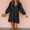 Women's Black Puff Sleeve V Neck Tiered Ruffled Chambray Mini Dress - Image 3