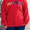 Fiery Red Tinsel Merry Pattern Drop Shoulder Plus Size Sweater for Women - Image 9