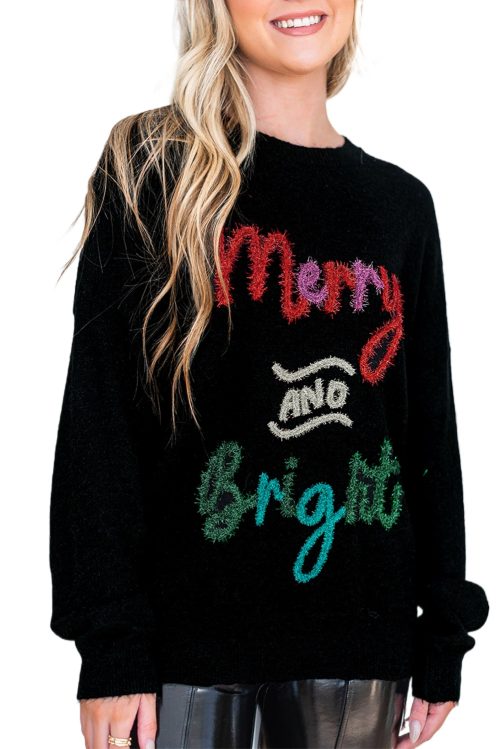 Women's Black Tinsel Merry and Bright Graphic Christmas Sweater