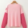 Trendy Women's Pink Floral Patch Color Block Top with Striped Sleeves - Image 6