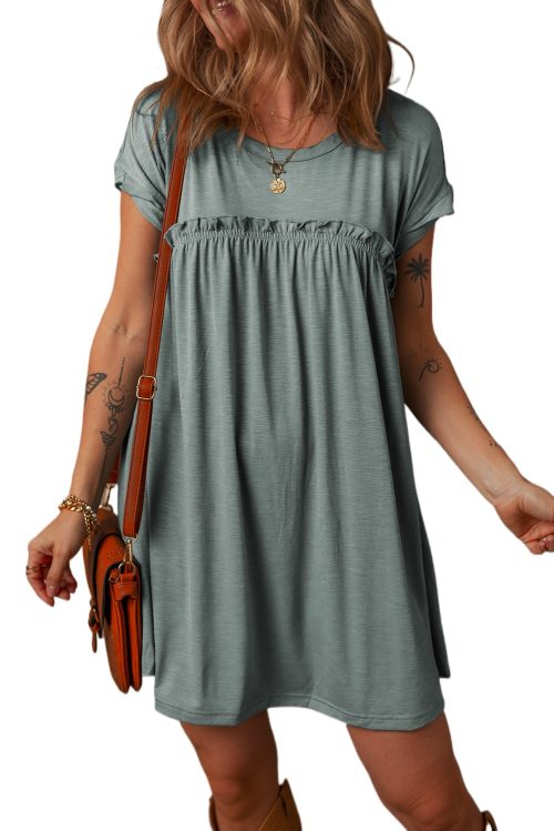 Women's Mist Green Frilled Gathered Seam Round Neck T-Shirt Dress with Pockets