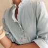 Women's Sky Blue Stripe Frilled Trim Button Up Long Sleeve Shirt - Image 2