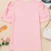 Women's Chic Pink Flower Geometric Textured Button Short Sleeve Top - Image 15