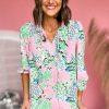 Women's Green Floral Print V Neck Tied Loose Blouse - Image 3