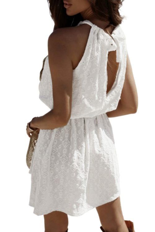 Elegant White Lace Sleeveless Mini Dress with Knot Back Detail and Tied Waist