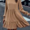 Women's Light French Beige Frilled Collar Ruffled Shoulder Mini Dress - Image 2