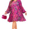 Women's Plus Size Rose Abstract Floral Print Pleated Dress with Puff Sleeves - Image 21