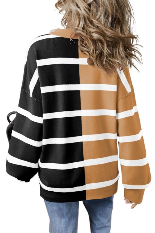 Women's Light French Beige Colorblock Oversized Crew Neck Sweater