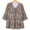 Plus Size Khaki Leopard Print Lace-up Ruffled 3/4 Sleeve Blouse - Feminine and Elegant - Image 5