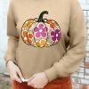 Women's Khaki Halloween Floral Pumpkin Graphic Drop Shoulder Sweatshirt - Image 3