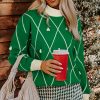 Women's Dark Green Diamond Pattern High Neck Christmas Sweater with Pom Accents - Image 20