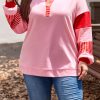 Plus Size Rose Striped Patchwork Side Split Collared Sweatshirt - Image 7