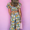 Women's Yellow Floral Allover Print Shirred Cut Out High Waist Jumpsuit with Ruffled Sleeves - Image 2