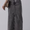 Women's Dark Grey Denim Raw Hem Back Split High Waist Long Skirt - Image 7