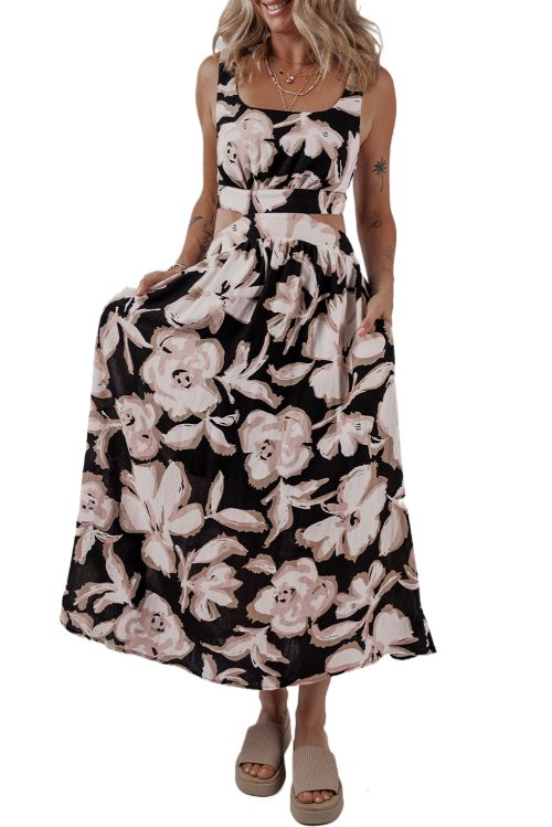 Women's Black Floral Cutout Square Neck Knot Back Sleeveless Maxi Dress