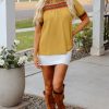 Chic Mustard Geometric Short Puff Sleeve Blouse with Frilled Collar - Image 8