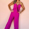 Bright Pink Strapless Bowknot Wide Leg Jumpsuit - Image 3