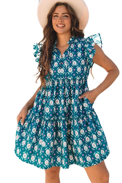 Women's Blue Retro Floral Print Ruffle Short Sleeve Mini Dress