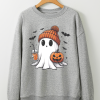 Women's Gray Halloween Ghost Print Crewneck Drop Shoulder Sweatshirt - Image 9