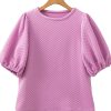 Women's Phalaenopsis Solid Textured O Neck Puff Sleeve Blouse - Casual Elegance for Every Occasion - Image 16