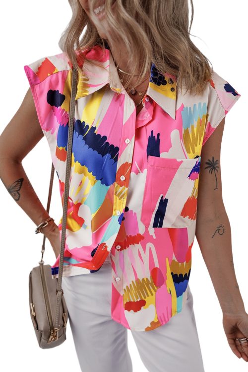 Women's Multicolor Abstract Print Collared Cap Sleeve Casual Shirt