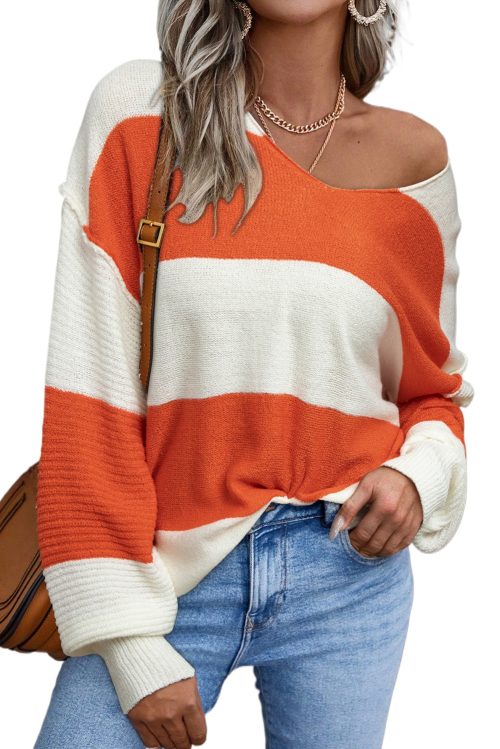 Women's Orange Stripe Color Block Drop Shoulder Bubble Sleeve Sweater