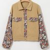 Women's Khaki Waffle Knit Floral Print Patchwork Button Up Jacket - Image 6