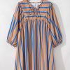 Women's Plus Size Khaki Stripe Contrast 3/4 Sleeve Babydoll Dress - Image 4