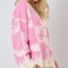 Women's Pink Bowknot Checkered Pattern V Neck Drop Shoulder Button Up Cardigan - Image 5