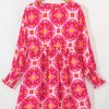 Women's Strawberry Pink Geometric Print Smocked Long Sleeve Mini Dress - Image 3