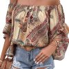 Women's Apricot Paisley Printed Off Shoulder Blouse with Ruffled Draped Sleeves - Image 23
