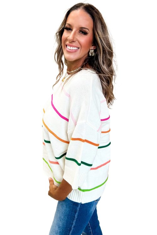 Women's White Colorblock Striped Half Sleeve Drop Shoulder Sweater