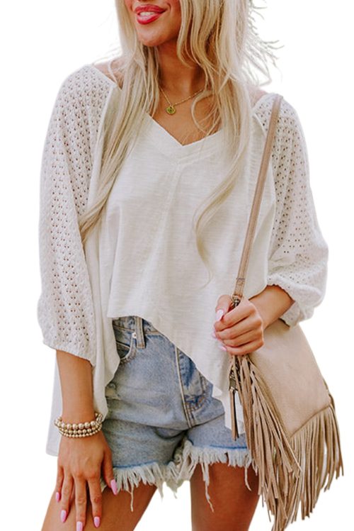 Trendy Women's White Eyelet Patchwork Oversized Top with V Neck and High Low Hem