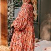 Plus Size Orange Floral Print Split V Neck Bubble Sleeve Midi Dress - Image 4