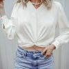 Women's White Twisted Elastic Hem V Neck Crop Blouse - Image 3