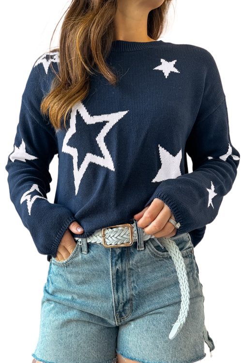 Women's Sail Blue Star Pattern Drop Shoulder Knitted Sweater