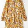 Yellow Cream Floral Print V Neck Puff Sleeve Mini Dress - Image 6