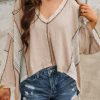 Women's Parchment Crochet Detail Exposed Seam High Low Loose Top - Image 3