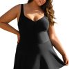 Women's Black Plus Size Solid Pleated Ruffled One Piece Swim Dress for Beach Days - Image 27