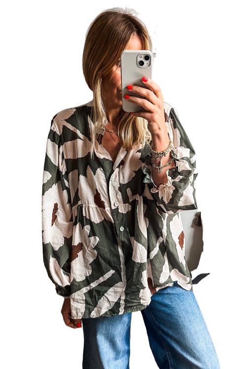 Women's Four Leaf Clover Abstract Floral Print Puff Sleeve Blouse - Elegant Half Button Design