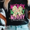 Women's Black Merry Christmas Brushwork Bow Printed Graphic T-Shirt - Image 5