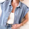 Women's Dusk Blue Denim Pinup Folded Cap Sleeve Shirt - Stylish Cropped Blouse - Image 10