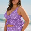 Women's Plus Size Purple Polka Dot Print Ruffled Knotted V Neck Tankini Set - Image 3